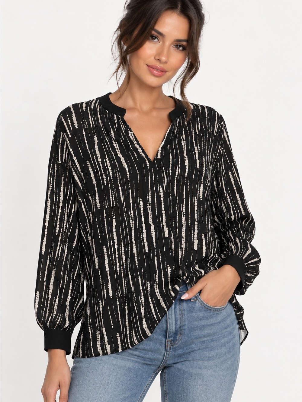 Black Abstract Stripe Split-Neck Blouse